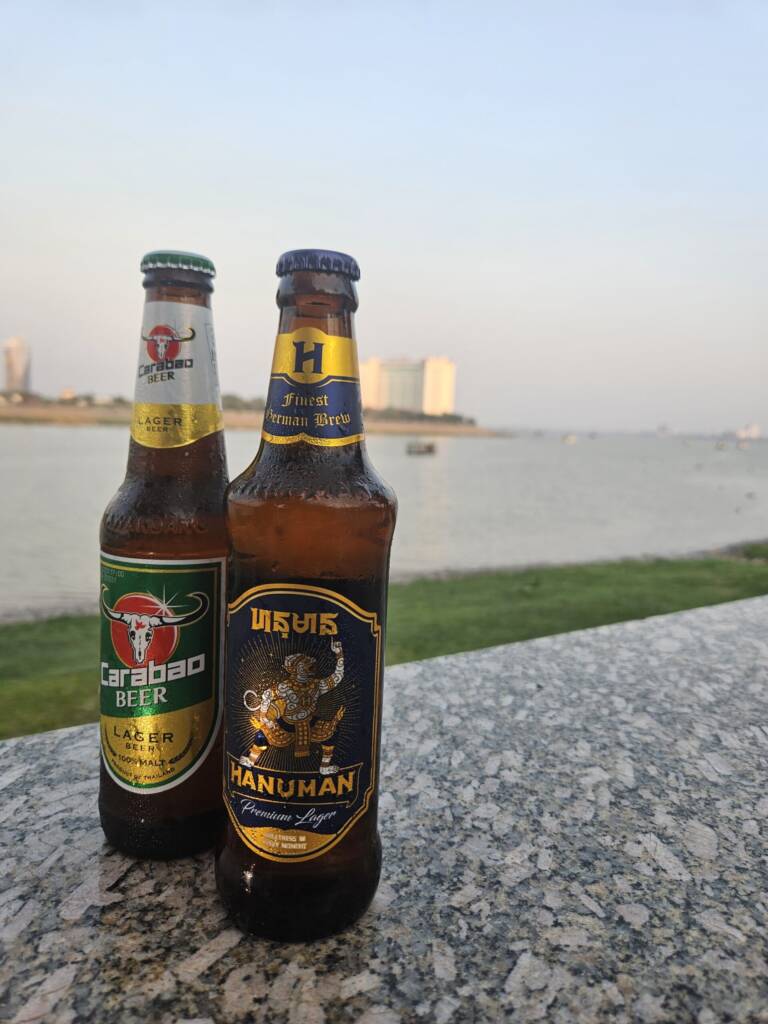 Carabao Beer, Hanuman Premium Lager by the Mekong in Phom Penh Cambodia. Bottle Cap attached