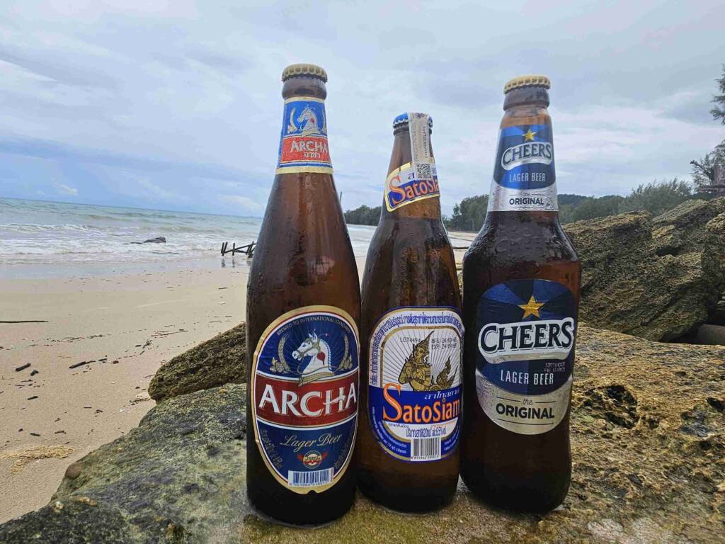 Backpackers enjoying local beers on beach outside hostel in Thailand
