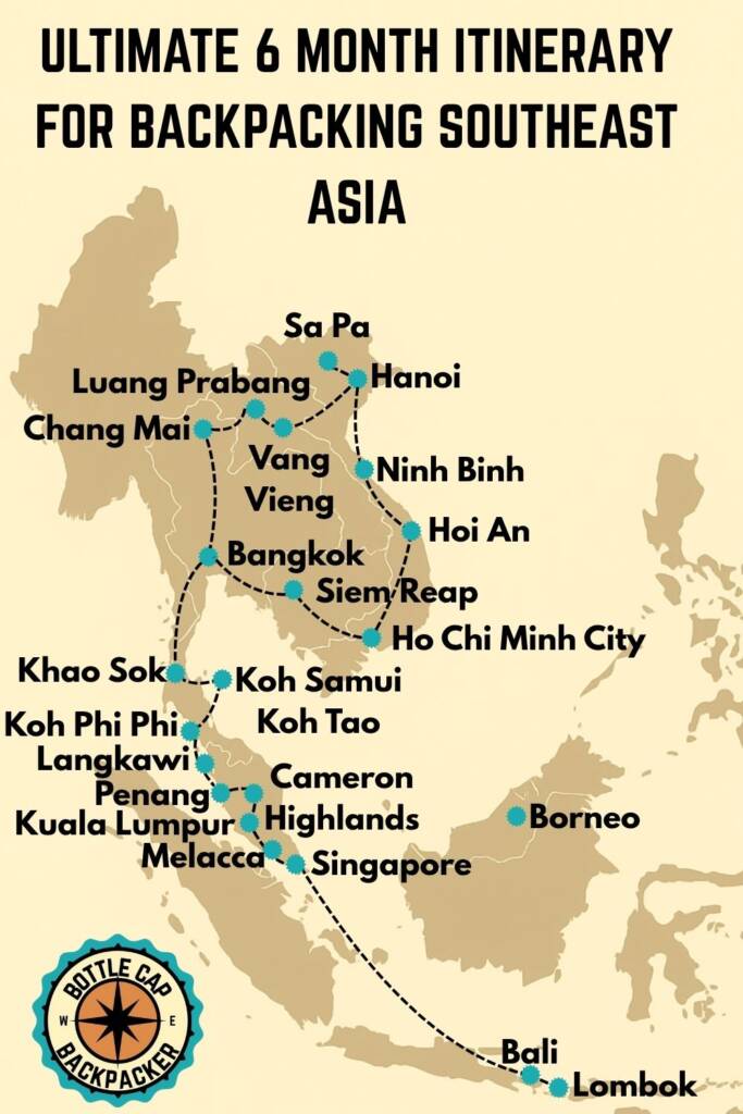 Custom visual map of the ultimate 6-month Southeast Asia backpacking itinerary route and major stops.