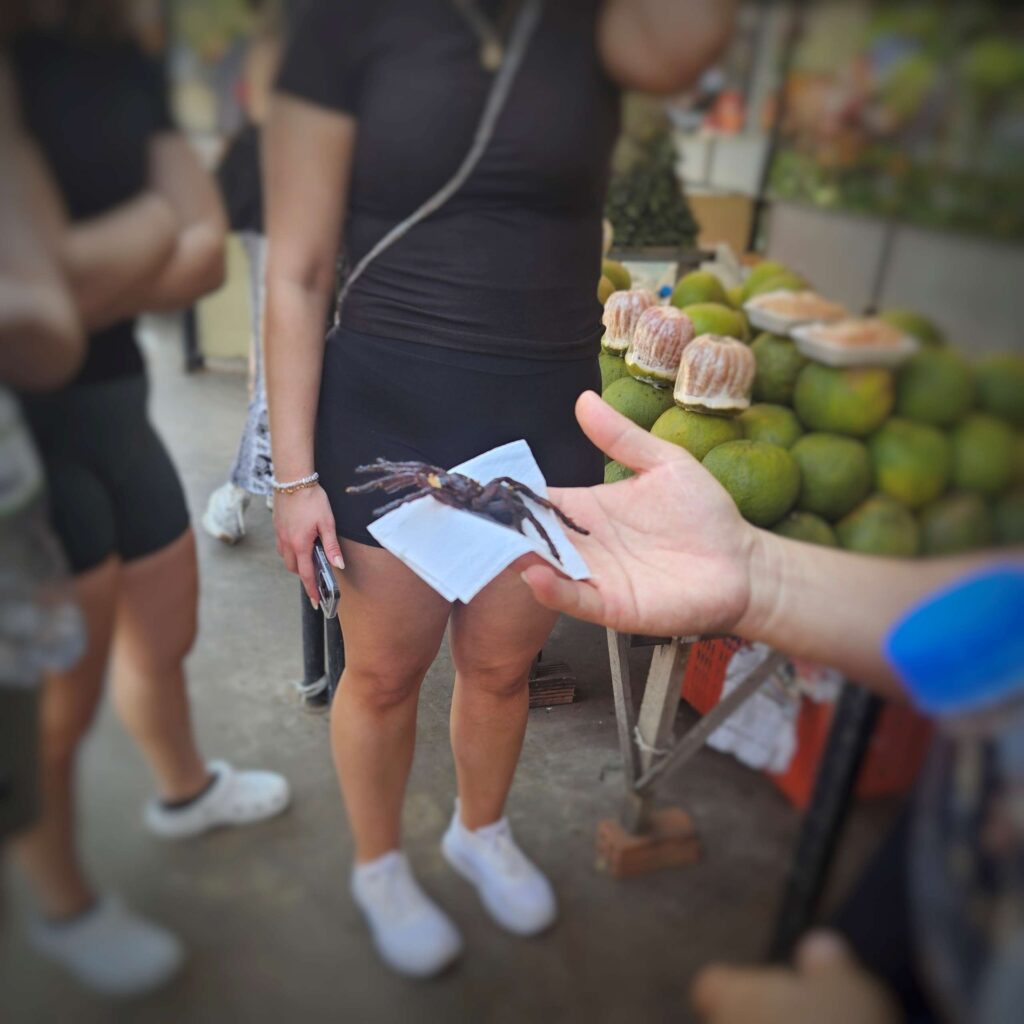 Fried tarantula being sold at a Cambodian market; a food tradition rooted in the Khmer Rouge famine.