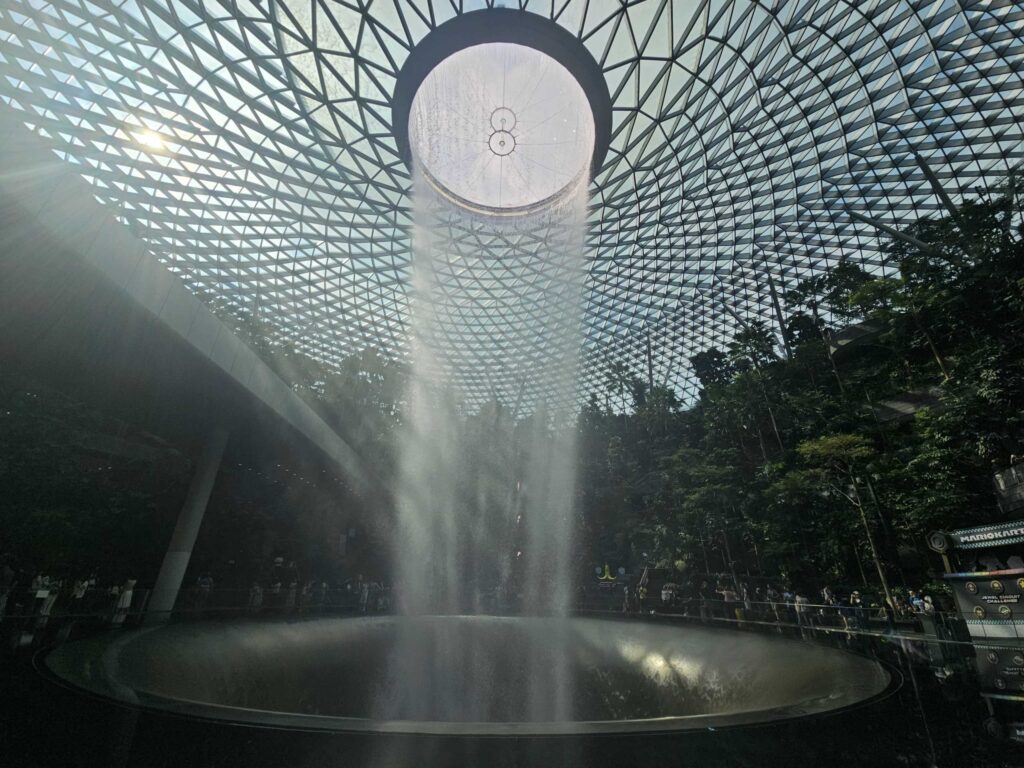 The Rain Vortex at The Jewel Changi Airport, a top free attraction when visiting Singapore on a budget.