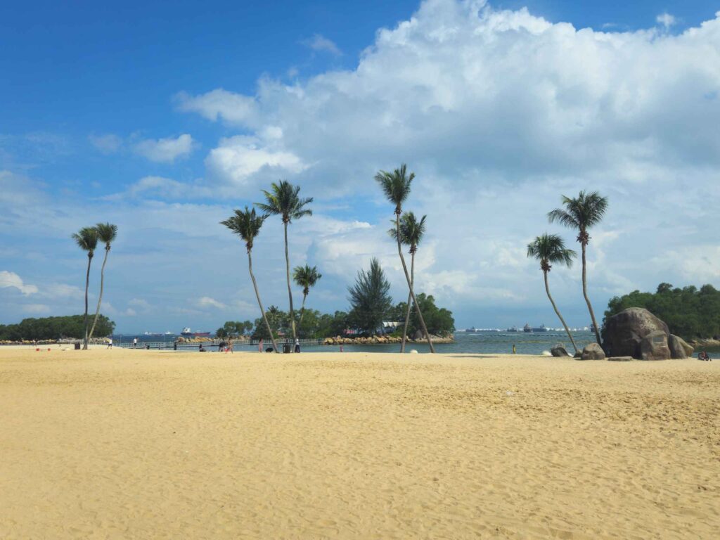 Palawan Beach, Singapore, a sandy beach with palm trees and clear sea.
