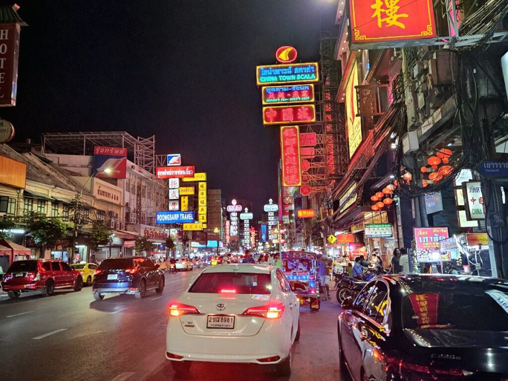 Neon lights on Yaowarat Road in Chinatown Bangkok at night